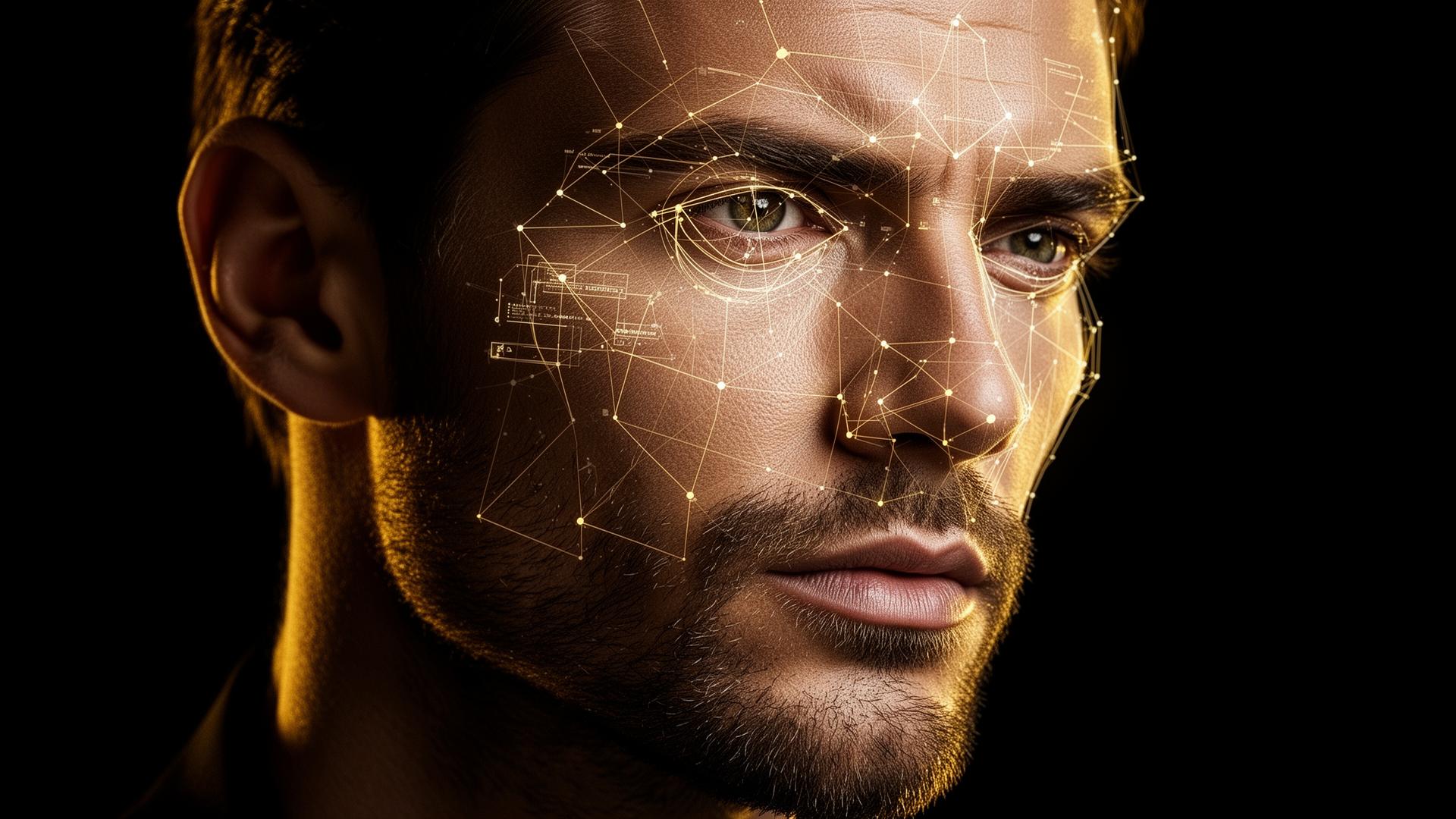 Masculine face overlaid with AI facial landmark grid — looksmax AI face rating guide for 2026